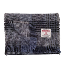 Load image into Gallery viewer, Black, Grey & Blue Herringbone Check Harris Tweed Luxury Fringed Scarf