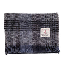 Load image into Gallery viewer, Black, Grey & Blue Herringbone Check Harris Tweed Luxury Fringed Scarf