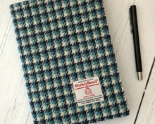 Load image into Gallery viewer, Turquoise Blue & Navy Houndstooth Harris Tweed Padded A5 Notebook Cover