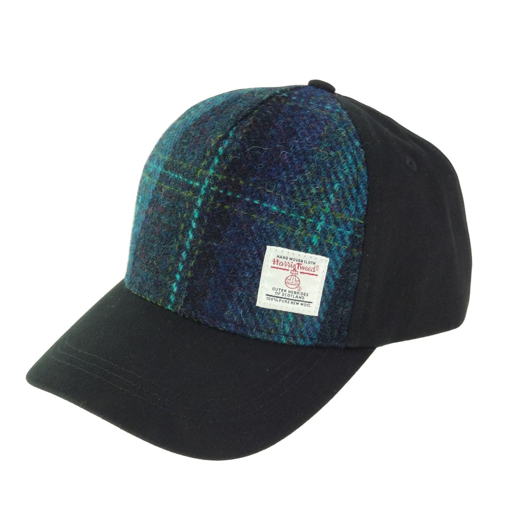Baseball Cap with Harris Tweed Front Panel - Blue Tartan with Turquoise Overcheck