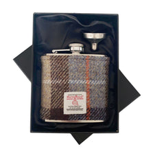 Load image into Gallery viewer, Brown, Beige &amp; Blue Tartan Harris Tweed Hip Flask
