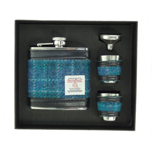 Harris Tweed 6oz Hip Flask Gift Set - Turquoise Blue Tartan