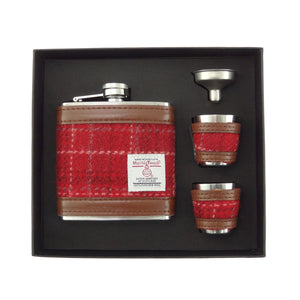 Harris Tweed 6oz Hip Flask Gift Set - Red With Overcheck