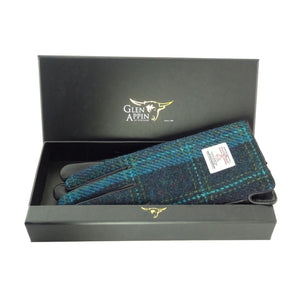 Boxed Harris Tweed & Black Leather Ladies Gloves - Blue Tartan with Turquoise Overcheck