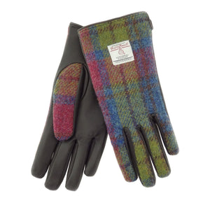 Boxed Harris Tweed & Brown Leather Ladies Gloves - Raspberry With Blue & Green Tartan
