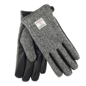 Boxed Harris Tweed & Black Leather Gents Gloves - Black & White Herringbone