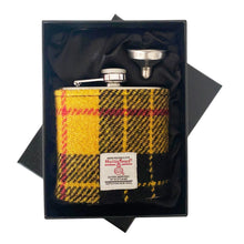Load image into Gallery viewer, Yellow &amp; Black Dress MacLeod Tartan Harris Tweed Hip Flask
