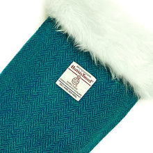 Load image into Gallery viewer, Teal &amp; Turquoise Herringbone Harris Tweed Christmas Stocking
