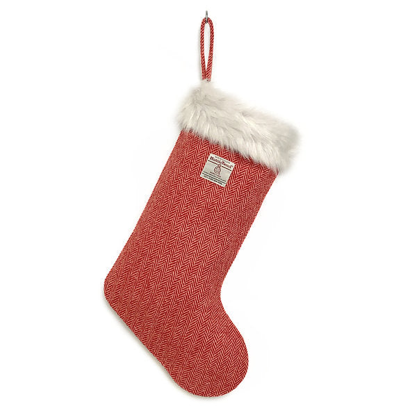 Red & White Herringbone Harris Tweed Christmas Stocking