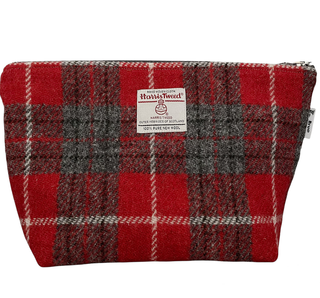 Red & Grey Tartan Harris Tweed Large Wash Bag