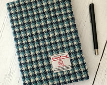 Load image into Gallery viewer, Turquoise Blue &amp; Navy Houndstooth Harris Tweed Padded A5 Notebook Cover
