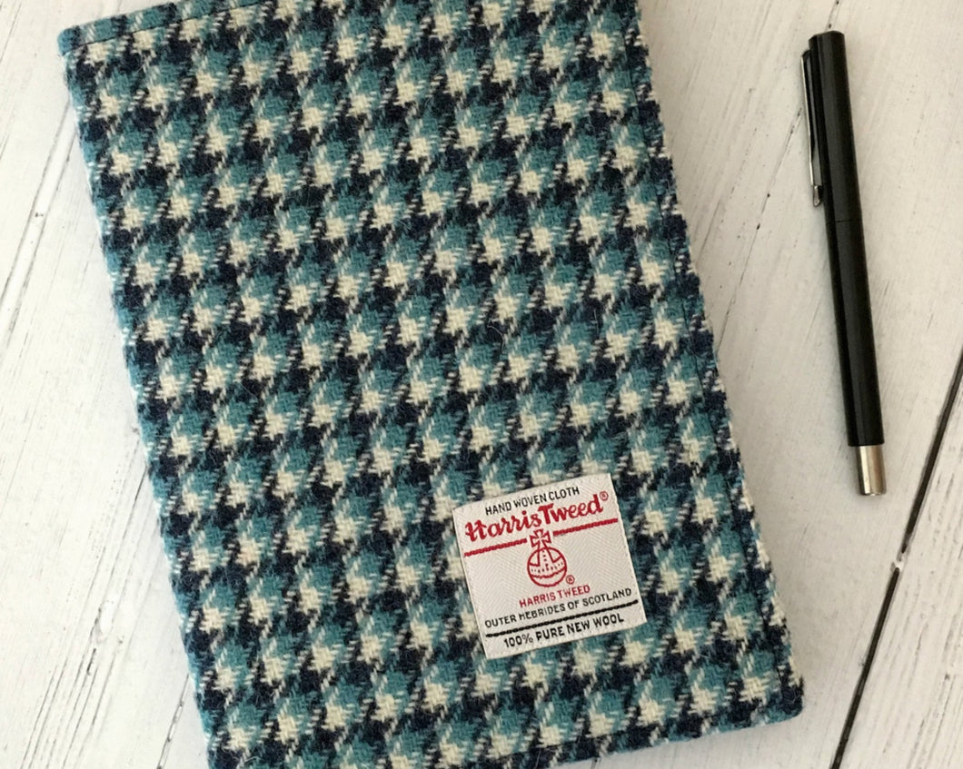 Turquoise Blue & Navy Houndstooth Harris Tweed Padded A5 Notebook Cover