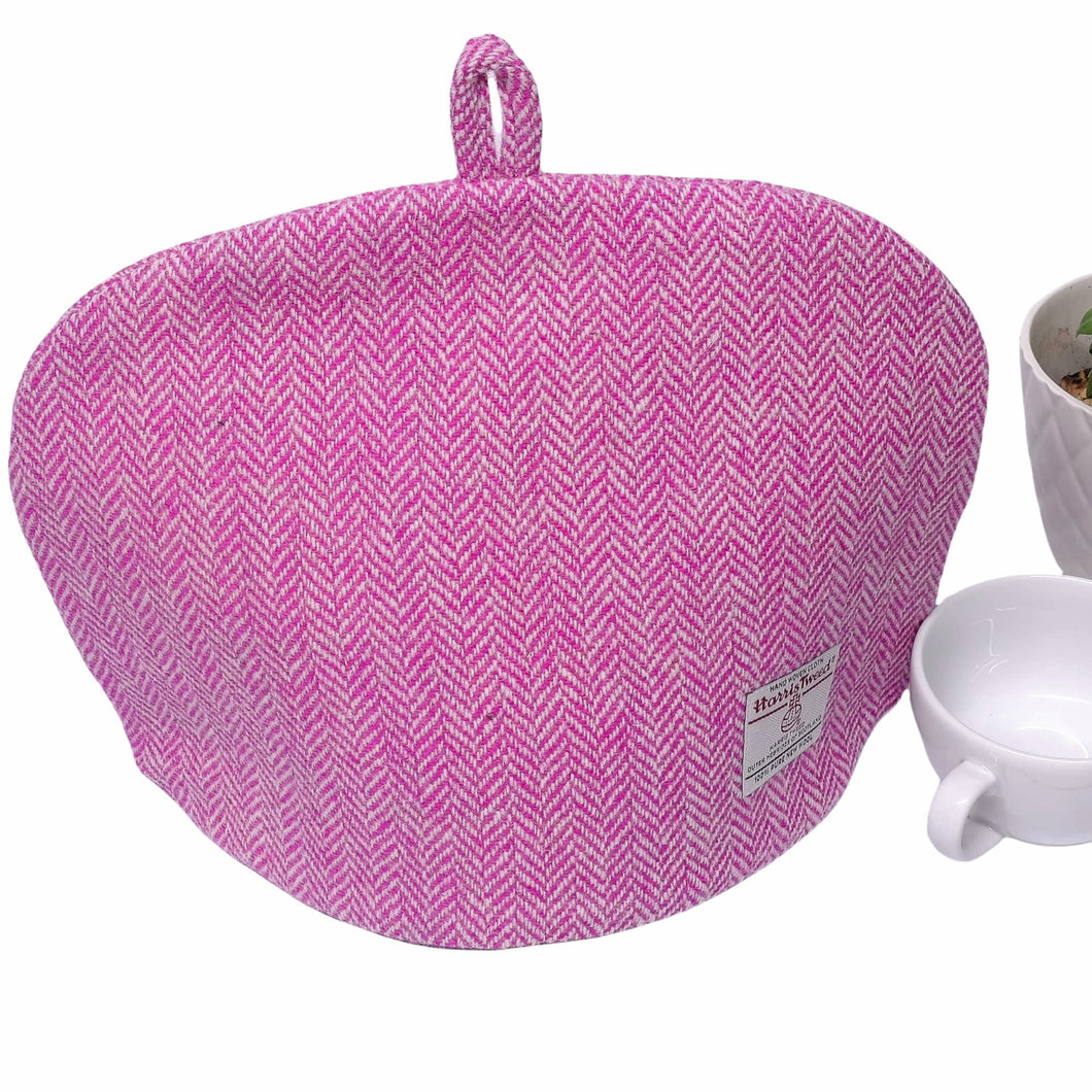 Bright Pink & White Herringbone Harris Tweed Tea Cosy